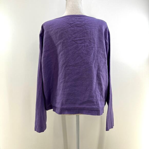 Flax Linen Scoop Neck Blouse Long Sleeve Boxy Button Down Top Lilac Purple - Picture 6 of 6